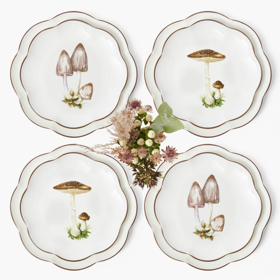 Fidelie Scalloped Mushroom Ceramic Dinner & Starter Plates – 8-Piece Nature-Inspired Set