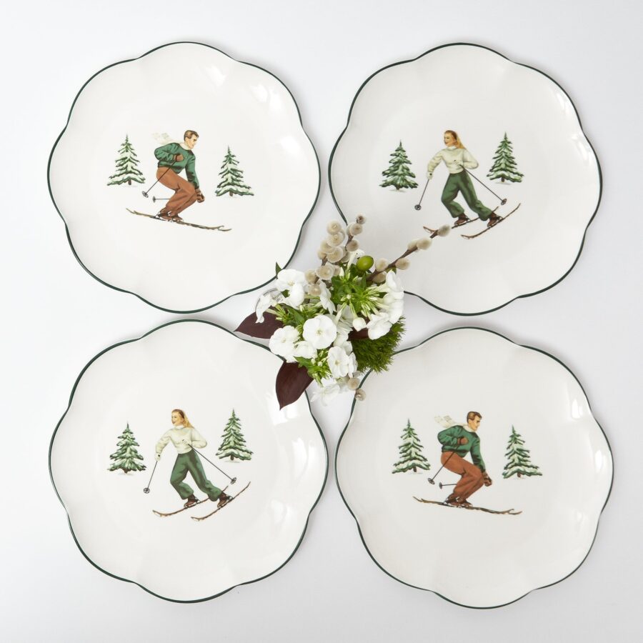 Fidelie Alpine Skier Ceramic Starter Plates – Set of 4 Winter-Themed Plates