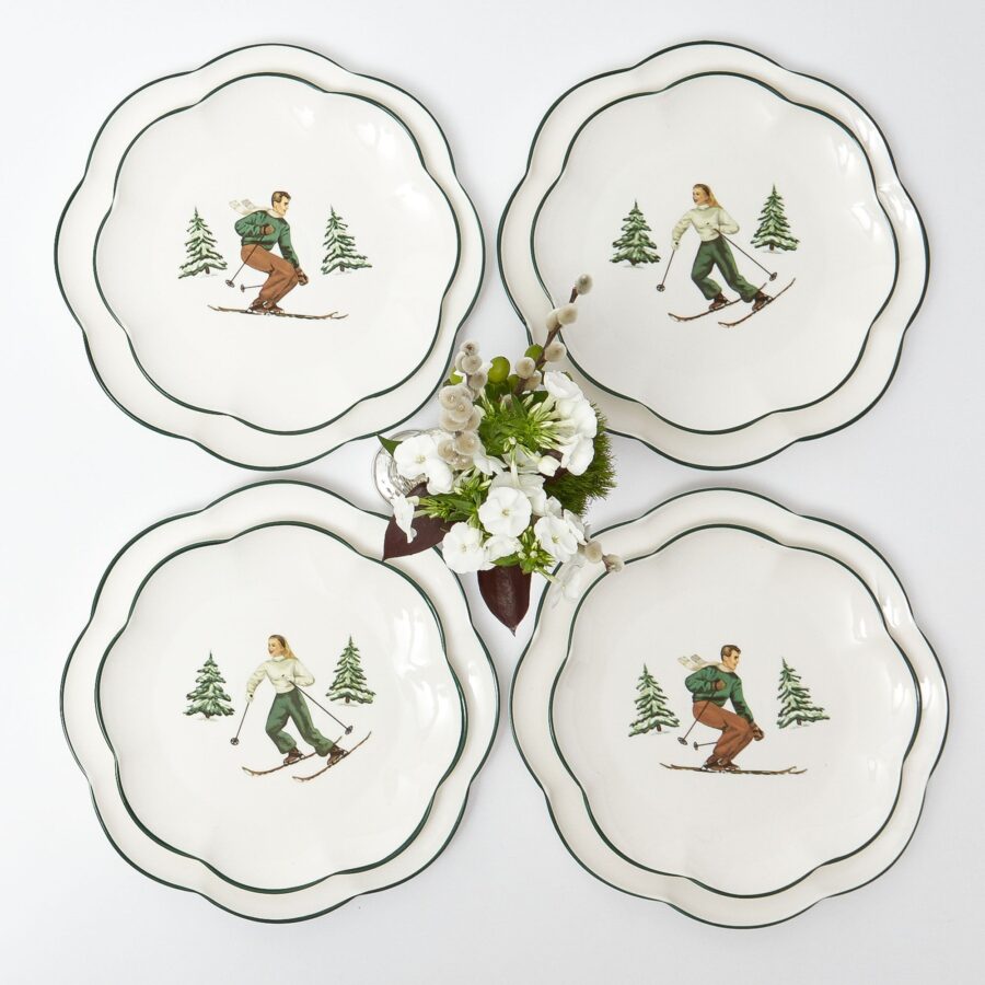 Fidelie Alpine Skier Ceramic Dinner & Starter Plates – 8-Piece Winter Tableware Set